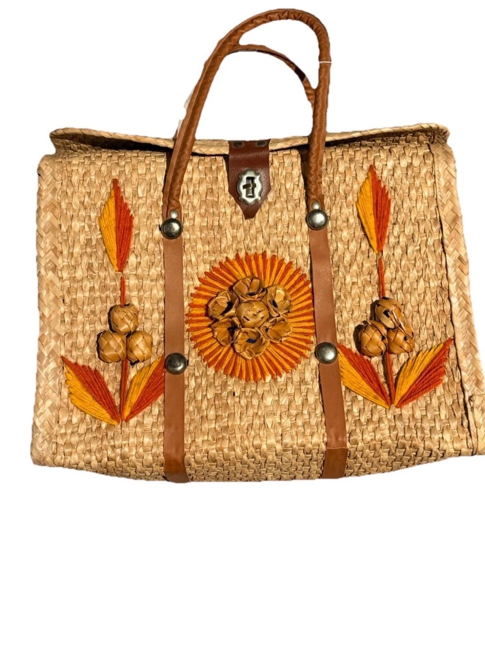 Authentic 70s Vintage Tote Bag with
Orange Floral Embroidery